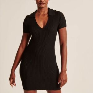Abercrombie & Fitch Black Ribbed Soft Knit Polo Collared Sweater Mini Dress L